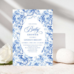 French Toile de Jouy Blue Roses Baby Shower Invite