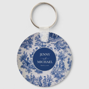French Toile de Jouy Blue White Elegant Wedding Key Ring