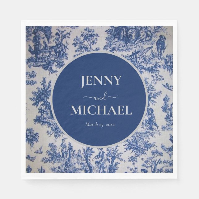 French Toile de Jouy Blue White Elegant Wedding  Napkin (Front)