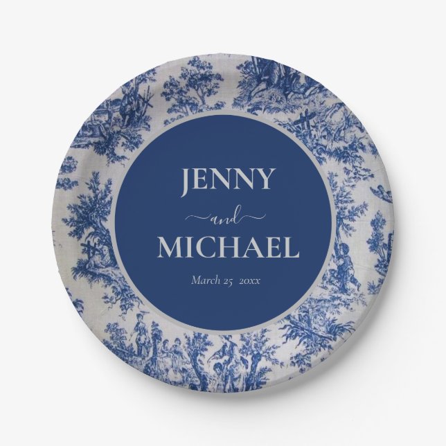 French Toile de Jouy Blue White Elegant Wedding  Paper Plate (Front)