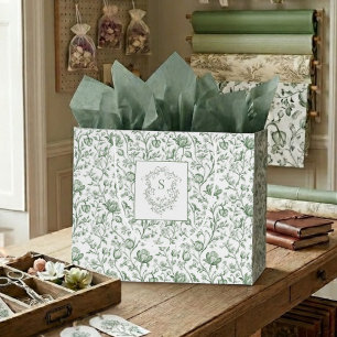 French Toile de Jouy Monogram Crest Sage Green Large Gift Bag
