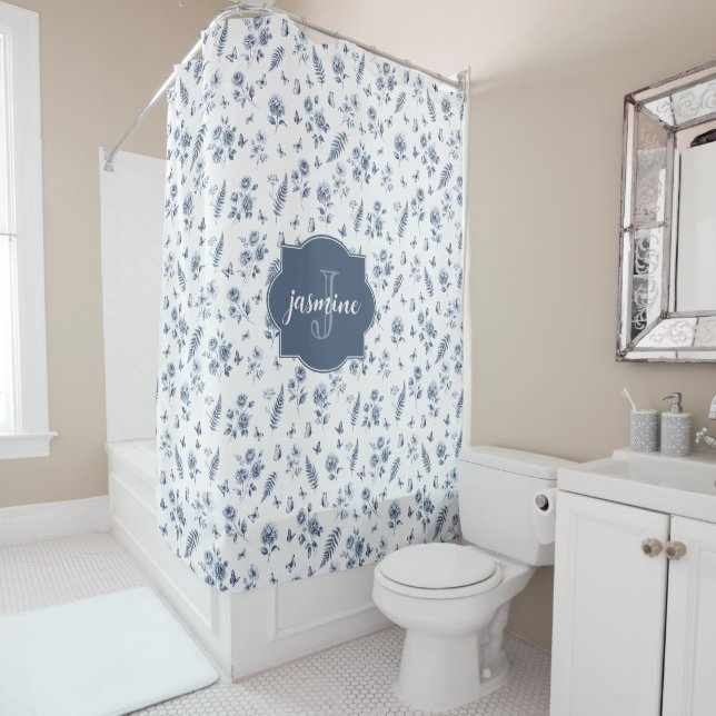 French Toile de jouy Monogram Name Blue Pattern Shower Curtain (In Situ)