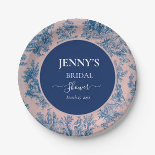 French Toile de Jouy Pink and Blue Bridal Shower Paper Plate
