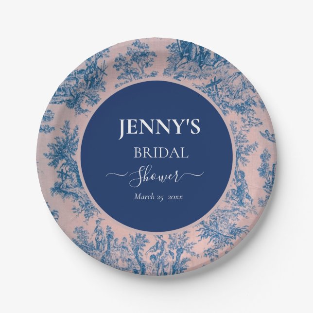 French Toile de Jouy Pink and Blue Bridal Shower Paper Plate (Front)