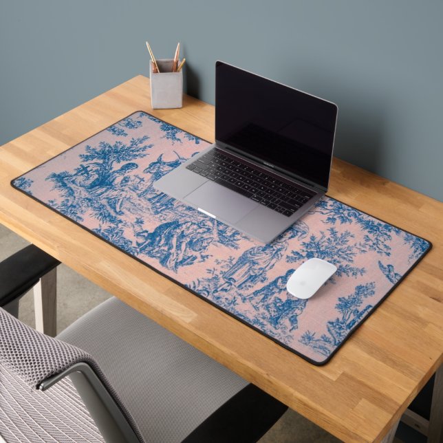 French toile de jouy pink and blue elegant desk mat (Office 2)