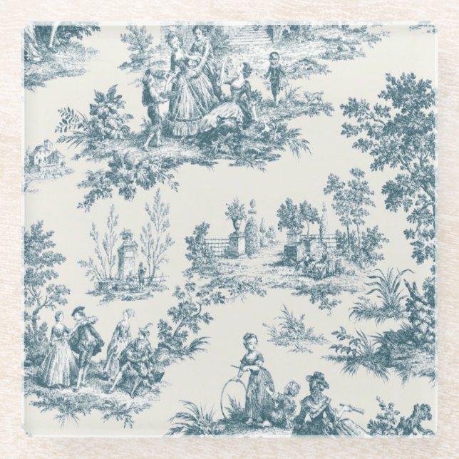 French toile de jouy sage green elegant glass coaster (Front)