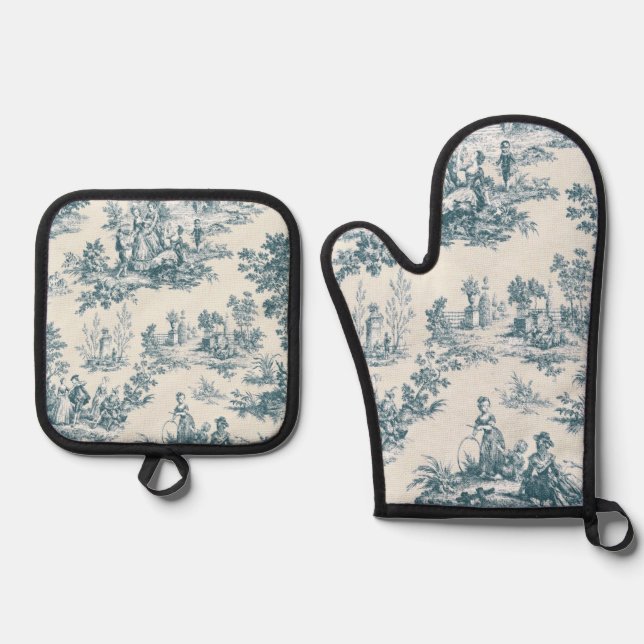 French toile de jouy sage green elegant oven mitt & pot holder set (Front)