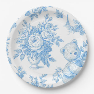 French Toile Floral Bear Baby Shower Paper Plate