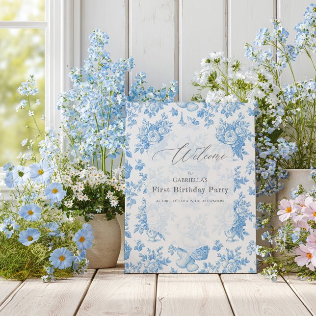 French Toile Floral Bear Welcome Board Poster (Creator Uploaded)