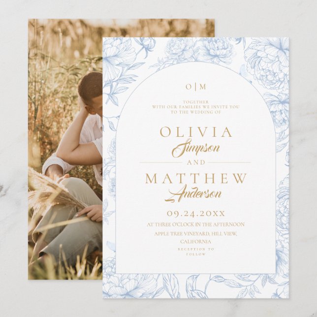 French Toile Floral Blue Wedding  Invitation (Front/Back)