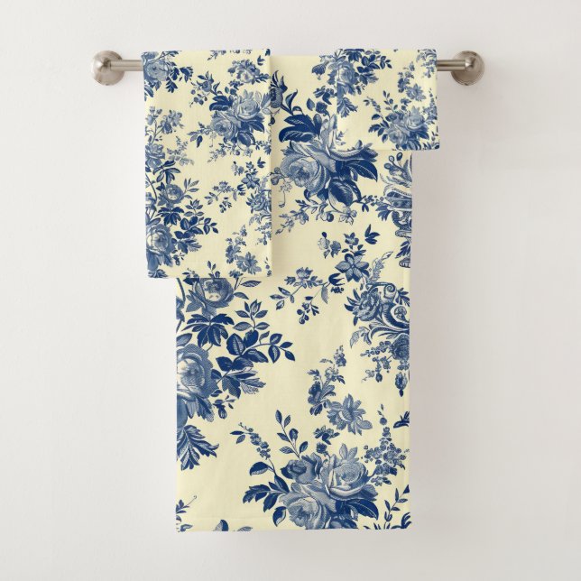 French Toile Floral Pattern Bath Towel Set (Insitu)