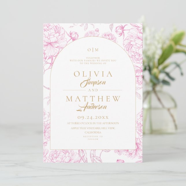 French Toile Peony Wedding  Invitation (Standing Front)