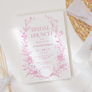 French Toile Pink Floral Bridal Brunch Invitation