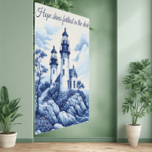 French Toile Porcelain Style Blue White Lighthouse