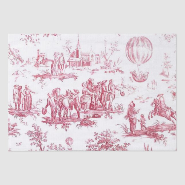 French Toile Red Decoupage Hot Air Balloon People  Tissue Paper (Front)