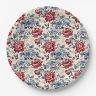 French toile & Toile de Jouy blue and red roses. Paper Plate