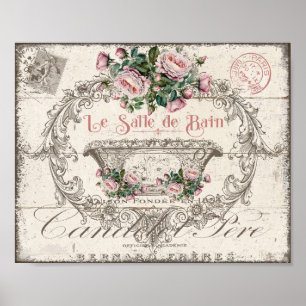 French Victorian Bathtub Cherubs Pink Roses Poster