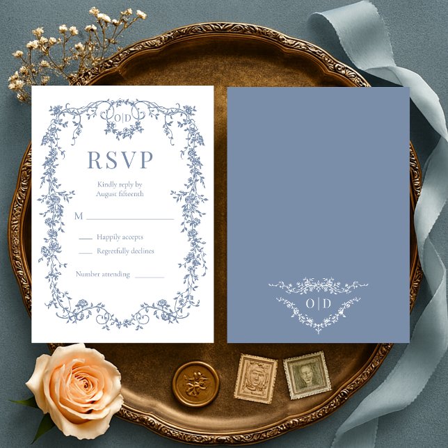 French Victorian Dusty Blue Wedding RSVP  Card (Creator Uploaded)