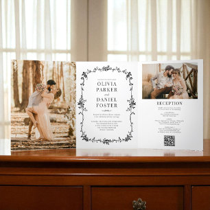 French Victorian QR Code Black Two Photo Wedding Tri-Fold Invitation