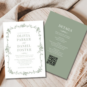 French Victorian Sage Green All in One Wedding Invitation
