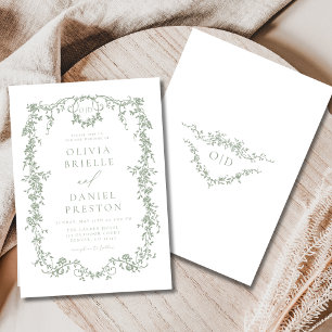 French Victorian Sage Green Wedding Monogram Invitation
