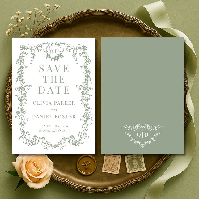 French Victorian Sage Green Wedding Save the Date (Creator Uploaded)