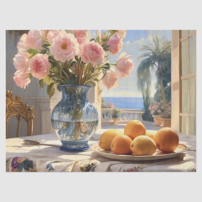 French Villa Flowers With Oranges Decoupage Tissue Paper (Front)