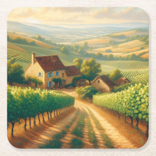 French Vineyard Oil Painting Decoupage Square Paper Coaster