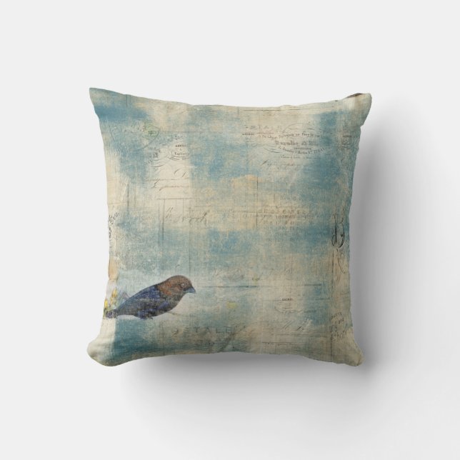 French Vintage Blue Bird Script Cushion (Front)