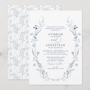 French Vintage Blue Floral Wedding Invitation