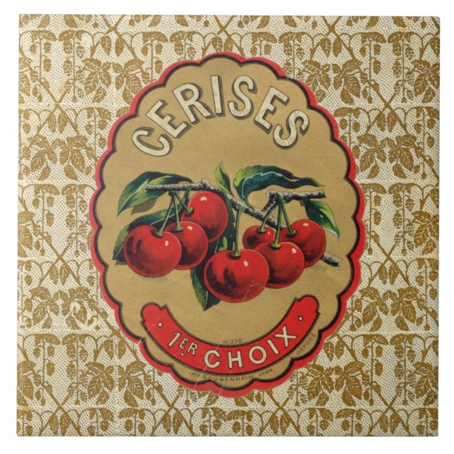 French Vintage Cherries Label Tile (Front)
