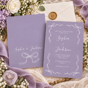 French Vintage Hand Drawn Purple Lilac Wedding Invitation