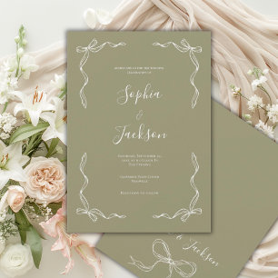 French Vintage Hand Drawn Ribbon Sage Wedding Invitation