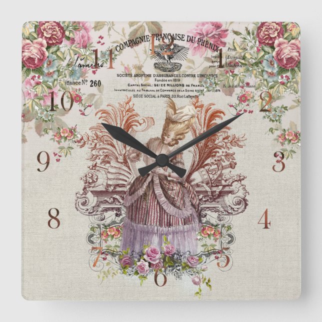 French vintage Lady with roses Square Wall Clock (Front)
