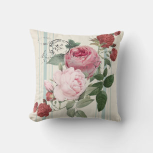 French vintage roses on faux blue striped linen cushion