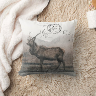 French Vintage Stag Faux Leather Holiday  Cushion