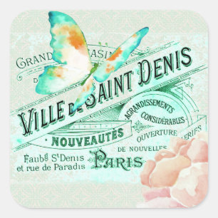 French Vintage Watercolor Butterfly Floral Collage Square Sticker