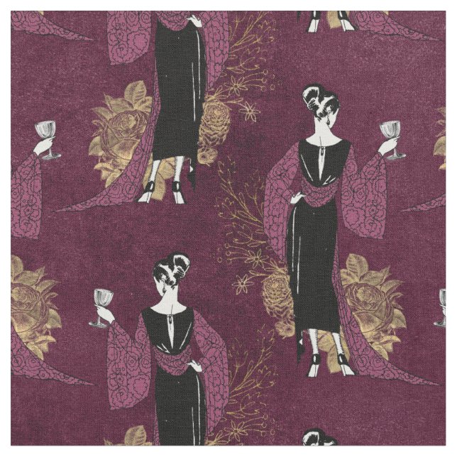 French Vintage Woman with Wine on Maroon Fabric (Close Up)