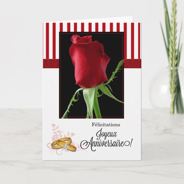 French Wedding Anniversary Red Rose and Stripes Card (Front)