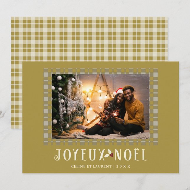 French White Gold Tartan Joyeux Noël Custom Photo Holiday Card (Front/Back)