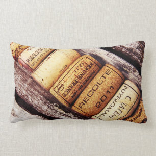 french wine bottle corks on rustic wood lumbar cushion