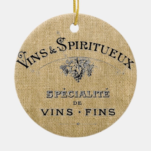 French Wine on Burlap Ceramic Tree Decoration (Front)