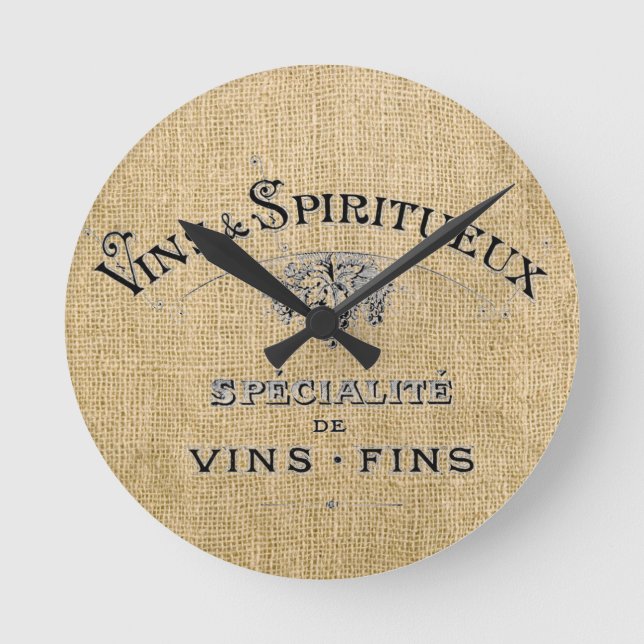 French Wine on Burlap Round Clock (Front)