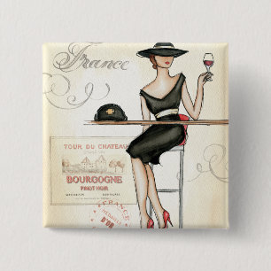 French Woman Drinking Red Wine 15 Cm Square Badge