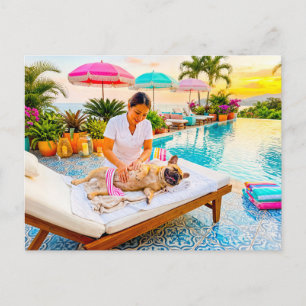 Frenchie at pool massage postcard