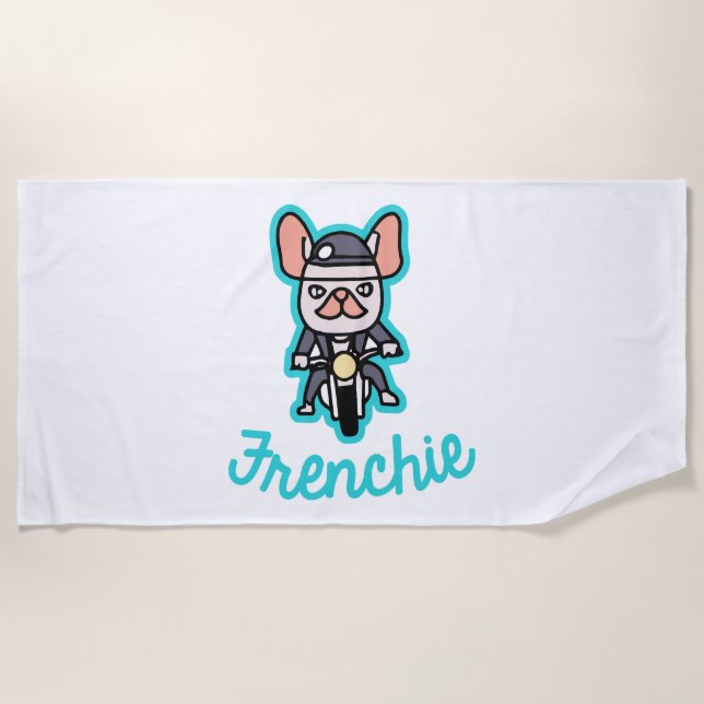 Frenchie Biker Motorcycle Dog Owner Frenchie Funny Beach Towel (Front)
