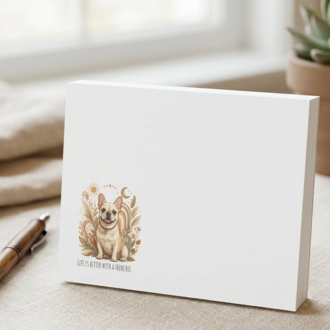 Frenchie boho neutral celestial post-it notes (A cozy desk notepad for Frenchie lovers, perfect for jotting down reminders throughout the workday.)