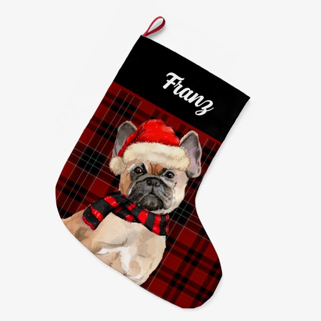 Frenchie Bulldog and Red Plaid with Dog's Name Lar Large Christmas Stocking (Front (Hanging))