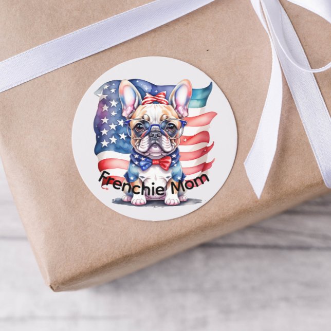 Frenchie Bulldog Mum Patriotic USA Flag  Classic Round Sticker (Creator Uploaded)