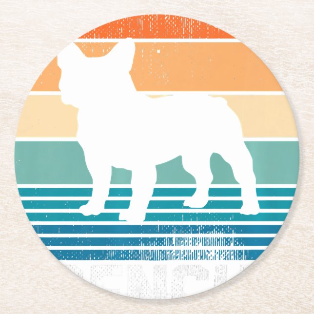 Frenchie Bulldog Retro Sunset Love Round Paper Coaster (Front)